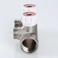 Коллектор VALTEC 3/4" на 2 выхода 1/2"Н с белыми регулирующими вентилями, латунь ник. VTc.570.N.0502