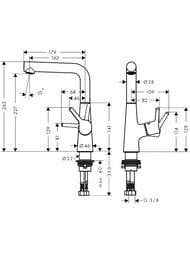 Чертёж Смеситель Hansgrohe Talis S 72105000 для раковины, однорычажный, с донным клапаном, хром