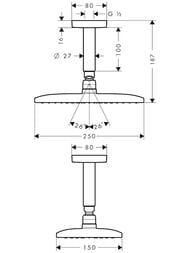 Чертёж Верхний душ Hansgrohe Raindance E 240 AIR 1jet прямоугольный,потолочное подсоединение 100мм 273800
