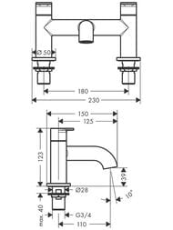Чертёж Смеситель на борт ванны Hansgrohe Vernis Blend 71442670 на 2 отверстия, двухзахватный, матов.черный