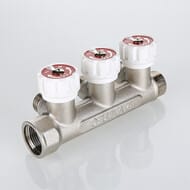 Коллектор VALTEC 3/4" на 3 выхода 1/2"Н с белыми регулирующими вентилями, латунь ник. VTc.570.N.0503