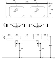 Раковина Kerasan Cento 353601*1 1400х450мм, подвесная, 2 отверстия под смеситель, белая