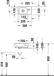 Рукомойник DURAVIT DuraStyle 360х220х120 отверстие под смес. справа, без перелива 0713360000
