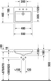 Умывальник встраиваемый сверху DURAVIT VERO 550х465х180 отверстие под смеситель, перелив 0315550000