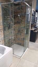 Уценка!Уголок душевой RIHO HAMAR 2.0 (900х900х2000) с поддоном, раздв. двери, хром/стекло прозрачное