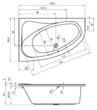 Ванна акриловая RIHO ARYL 153x100 R без гидромассажа, асимметричная правая (установка в левый угол)