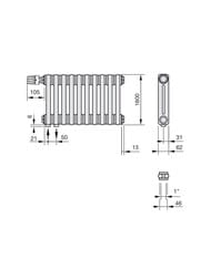Радиатор Zehnder Charleston 2180 двухтрубчатый 8 секций, нижнее подключение 1/2", 1541Вт, белый