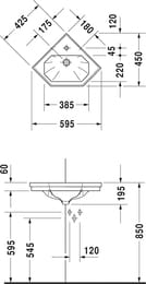 Рукомойник угловой DURAVIT 1930 Series 595х450х195 с отверстием под смеситель и переливом 0793420000
