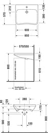 Умывальник DURAVIT DuraStyle 650х570х170 безбарьерный, 1 отв. под смес., с переливом 2329650000