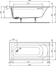 Ванна акриловая Ideal Standard HOTLINE 1600х700х465 встраиваемая, цвет: белый K274501
