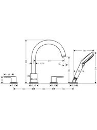 Чертёж Смеситель на борт ванны Hansgrohe Vernis Blend 71456000 на 4 отверстия, с душ. гарнитуром, хром