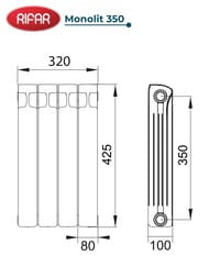 Радиатор биметаллический RIFAR Monolit 350 (425х320х100) 4 секций, 552Вт, белый