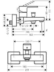 Чертёж Смеситель для ванны/душа Hansgrohe Vernis Shape 71453000 настенный, 2 уровня расхода воды, хром
