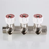 Коллектор VALTEC 3/4" на 3 выхода 1/2"Н с белыми регулирующими вентилями, латунь ник. VTc.570.N.0503