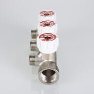 Коллектор VALTEC 3/4" на 3 выхода 1/2"Н с белыми регулирующими вентилями, латунь ник. VTc.570.N.0503