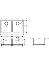 Чертёж Мойка из нержавеющей стали Hansgrohe S71 43430800 (815х450) под столешницу, сталь