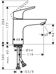 Чертёж Смеситель Hansgrohe Focus 31513 для умывальника, LowFlow 3,5 л, без донного клапана, однозахватный