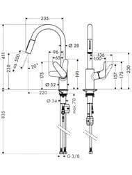 Чертёж Смеситель Hansgrohe Focus M41 для кухни 240мм вытяжной поворотный излив сталь 31815800