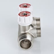 Коллектор VALTEC 3/4" на 2 выхода 1/2"Н с белыми регулирующими вентилями, латунь ник. VTc.570.N.0502