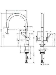Чертёж Смеситель Hansgrohe Talis M54 для кухни 220 с запорным вентилем, 1jet сталь 72805800