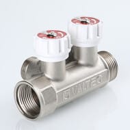 Коллектор VALTEC 3/4" на 2 выхода 1/2"Н с белыми регулирующими вентилями, латунь ник. VTc.570.N.0502