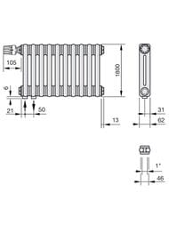Радиатор Zehnder Charleston 2180 двухтрубчатый 6 секций, нижнее подключение 1/2", 1156Вт, белый