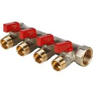 Коллектор STOUT с шаровыми кранами 3/4", 4 отвода 1/2" (красные ручки) SMB 6200 341204