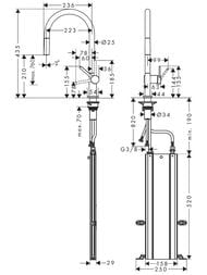 Чертёж Смеситель Hansgrohe Talis M54 для кухни 210 вытяжной душ, поворотный излив 1jet sBox сталь 72803800