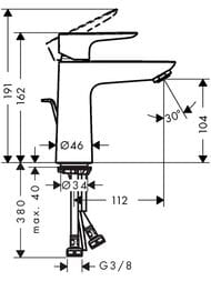 Чертёж Смеситель Hansgrohe Talis E 71710140  для раковины с донным клапаном, 110мм, шлифов бронза