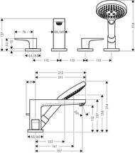 Смеситель Hansgrohe Metropol 32552000 на борт ванны на 4 отверстия, шланг 1,10м, выступ 210 мм, хром