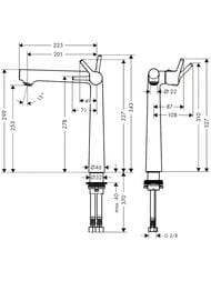 Чертёж Смеситель Hansgrohe Talis S 72116000 для раковины, высота 253 мм, однорычажный, хром