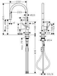 Чертёж Смеситель Hansgrohe Talis M54 для кухни 210 вытяжной душ, поворотный излив 2jet черный мат 72800670
