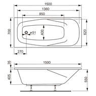 Ванна акриловая VAGNERPLAST ARONIA 150 (1500х700х410) прямоугольная, белая VPBA157ARN2X-04