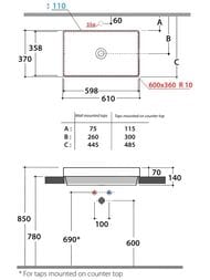Раковина Globo T-EDGE (610х370х140) встраиваемая,без отв. под смеситель, Portoro Nero B6R61PN — изображение 2