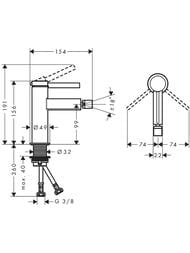 Чертёж Смеситель Hansgrohe Finoris 76200670 для биде, однорычажный, сливной клапан Push-Open, матов.черный