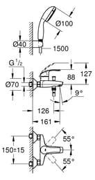 Смеситель для ванны/душа Grohe EuroSmart настенный, однорычажный, с душ. гарнитуром, хром 3330220A