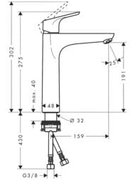 Чертёж Смеситель Hansgrohe Focus 31518 для умывальника с высоким фикс. изливом, без донного клапана, хром