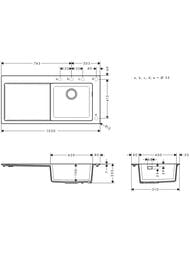 Чертёж Мойка из гранита Hansgrohe S51 43314290 (1050х500) врезная, отвер.под смес., серый камень