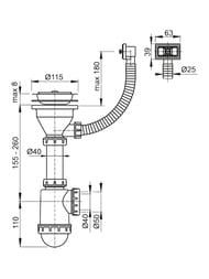 Сифон для мойки Alcaplast A447 пластик с нержавеющей решёткой D115 и гофропереливом D-50/40