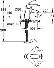 Смеситель Grohe EuroSmart 33188002 для умывальника, S-Size, фиксированный излив 102мм