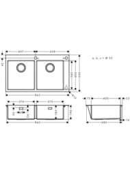 Чертёж Мойка из нержавеющей стали Hansgrohe S71 43311800 (865х500) с отвер.под смес., сталь