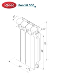 Радиатор биметаллический RIFAR Monolit 500 (577х320х100) бок. подкл, 4 секций, 764Вт, антрацит