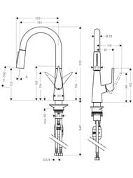 Чертёж Смеситель Hansgrohe Talis M51 для кухни 160 вытяжной поворотный излив сталь 72815800