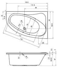 Ванна акриловая RIHO ARYL 153x100 L без гидромассажа, асимметричная левая (установка в правый угол)