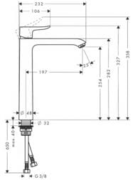Чертёж Смеситель Hansgrohe Metris 31184000 для умывальника, высокий, без донного клапана, хром