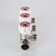 Коллектор VALTEC 3/4" на 3 выхода 1/2"Н с белыми регулирующими вентилями, латунь ник. VTc.570.N.0503