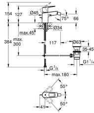 Смеситель для биде Grohe BauLoop однозахватный, 66 мм, фикс. излив, сливной гарнитур, хром 23338001