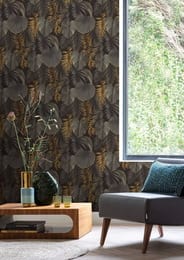 Обои виниловые на флизелине Rasch Natural Colors (0,53х10,05) ткань, листья, серо-золотые 462043 (рул.)