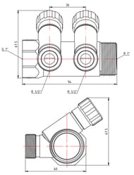 Коллектор VALTEC 1" на 2 подв.с вентилями 1/2"Н никель  VTc.560.N.0602