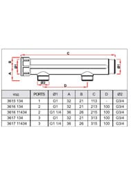 Коллектор проходной FAR 1"ВН на 2 отвода 1/2"Н, латунь, FK 3616 112 — изображение 3